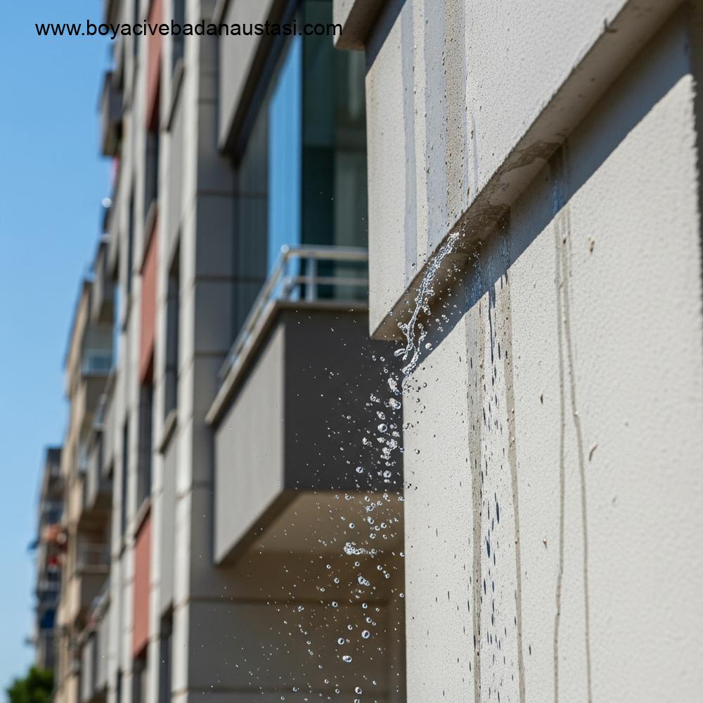 İzmir'de parlak gündüz altında silikonlu dış cephe boyasının su itici özelliğini gösteren detaylı fotoğraf. Su damlacıkları yüzeyde boncuklanıp akmaktadır.