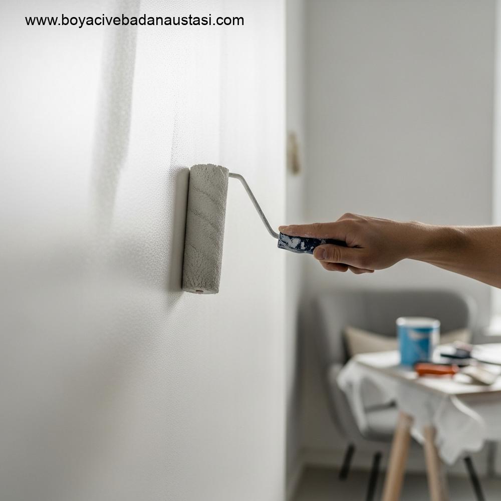 Profesyonel bir boyacının, yeni hazırlanmış bir duvara yüksek kaliteli bir rulo kullanarak açık renkli, pürüzsüz ve eşit bir kat boya uygulamasını gösteren gerçekçi, yakın plan bir fotoğraf. Odak noktası, fırça izi veya kusur göstermeyen, ıslak boya yüzeyinin kusursuz dokusudur. Arka planda, modern bir ev ortamında temiz, organize bir çalışma alanını ima eden soluk, korunmuş mobilyalar ve aletler görülmektedir. Sinematik ışıklandırma, ultra detaylı, görüntüde metin veya harf görünmüyor.