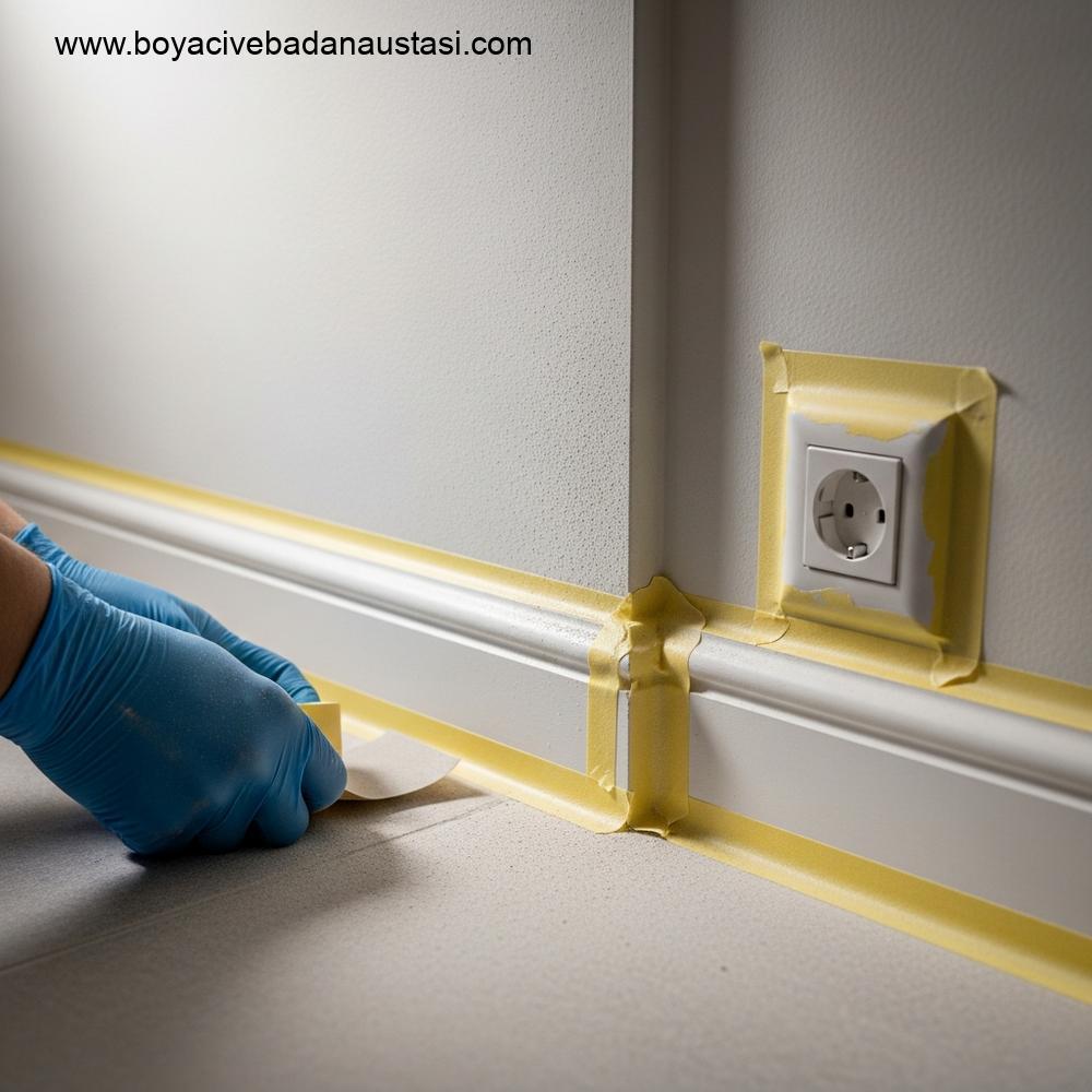 İzmir'de boya öncesi detaylı yüzey hazırlığı, zımparalama sonrası tozlu bir köşe ve maskeleme bandının titizlikle uygulandığı bir duvar kenarı.