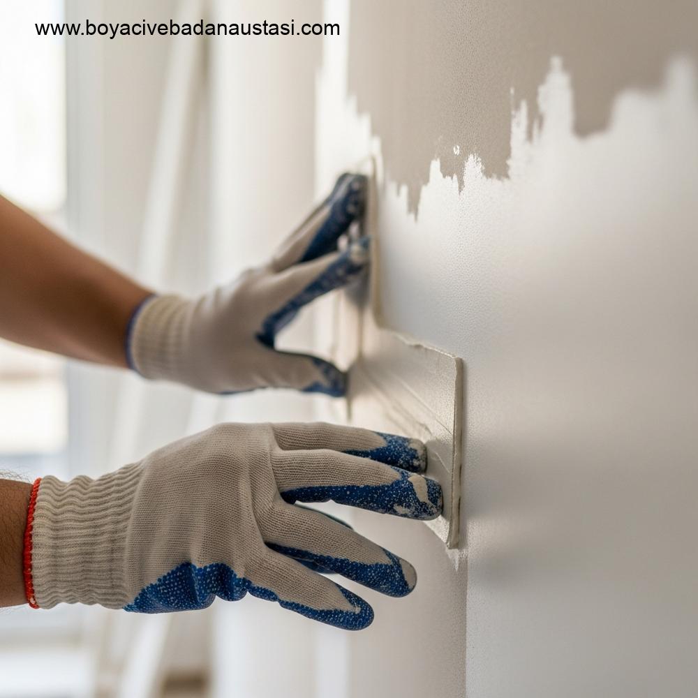 İzmir'de boya öncesi yüzey hazırlığı aşamasında, işçinin elleriyle duvarın macunlanması.