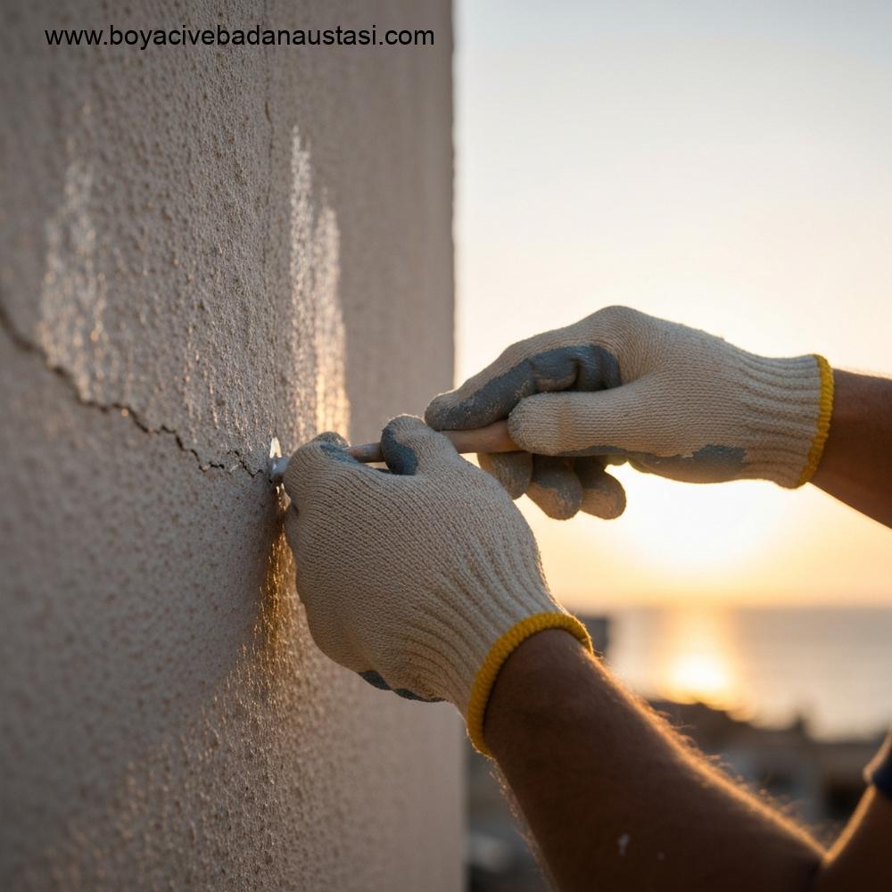 İzmir'de dış cephe boyama öncesinde bir ustanın elleriyle güneşli bir duvardaki çatlağı doldurma aşamasını gösteren yakın plan fotoğraf.
